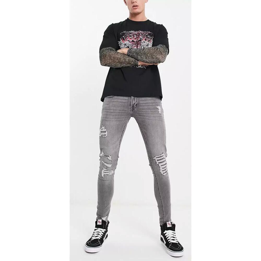 ADPT Mens Grey Denim Spray On Skinny Fit Jeans Distressed Heavy Rips Size 34x32